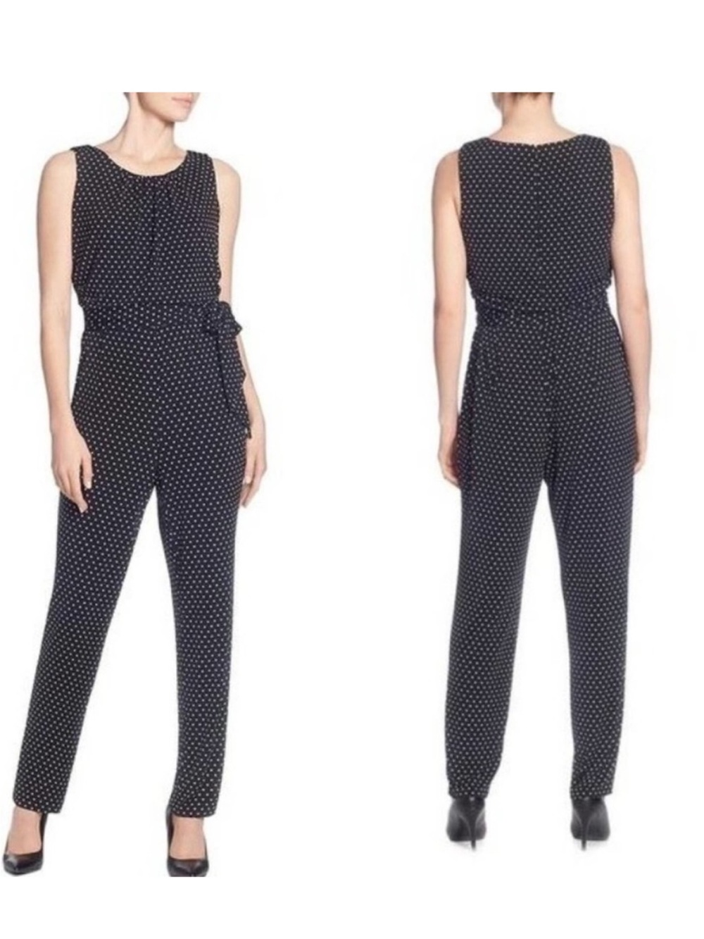 T Tahari Black and White Polka Dot Sleeveless Tie-Waist Jumpsuit